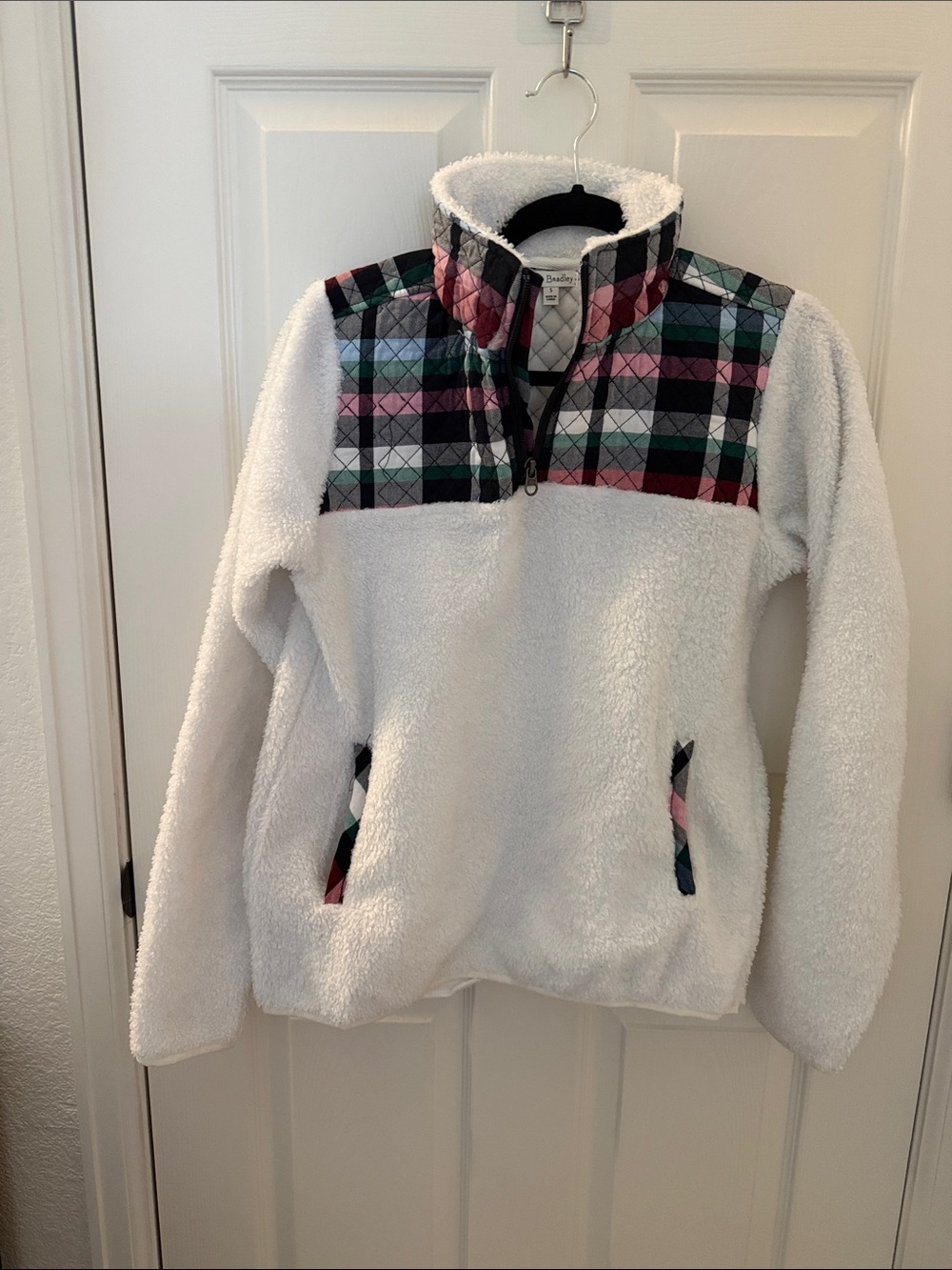 Vera Bradley White Sherpa Pullover with Pink, Green, Black Plaid Yoke